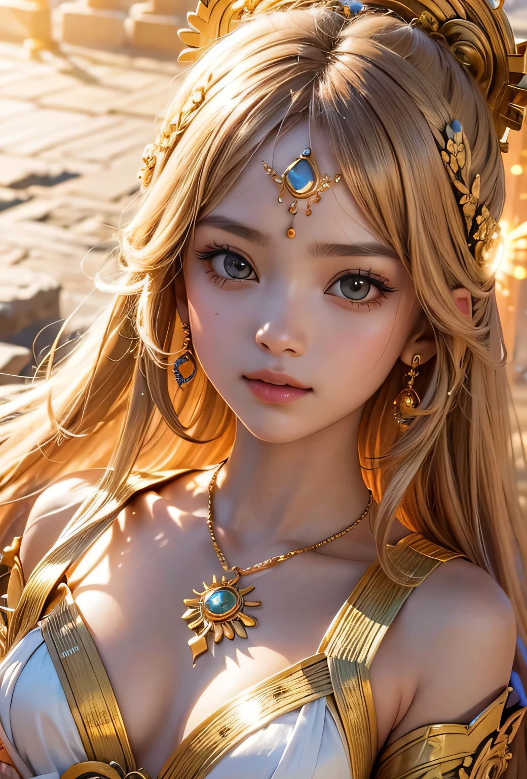 "Child of the Sun, Goddess of Love": Within a sacred sanctuary bathed in sunlight, depict the figure of a sun goddess who governs love, facing forward and emanating divine radiance. She is a , around 3 . Zoom in to focus on her face, with a gleaming orb of light in her hands, representing the life-giving power of the sun. Her hair is shimmering gold, and she is wearing a traditional miko outfit as seen in Japanese shrines. The background should be predominantly gold, evoking a sense of divine splendor, with numerous heart-themed objects expressing the beauty of love. The setting is in heaven, enveloped in soft, bright light, where one can find tranquility and peace of mind, free from any trace of anxiety.Straight-on.