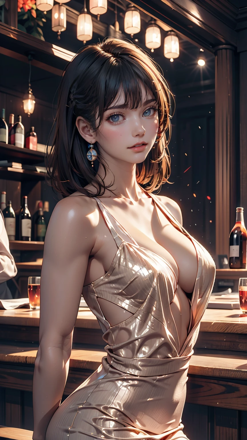 Indiasug nr_v1.0, (Sharp focus: 1.5), (Sharp focus:1.2), photograph, Attractive Young Woman, (Beautiful Face:1.1), Fine grain, Seductive lips, (Natural Makeup:0.85), (Medium chest:1.0), (Petite body:1.2), wear (Sequined Dress:1.2) in (Nightclub:1.2). (Moody lighting:1.2), Depth of written boundary, Bokeh, 4K, High resolution. by (James C. Christensen:1.2|Jeremy Lipking:1.1).24 year old Caucasian female、Updo hairstyle、Earrings、Narrow waist、mature female body、Sexy proportions、Seductive smile