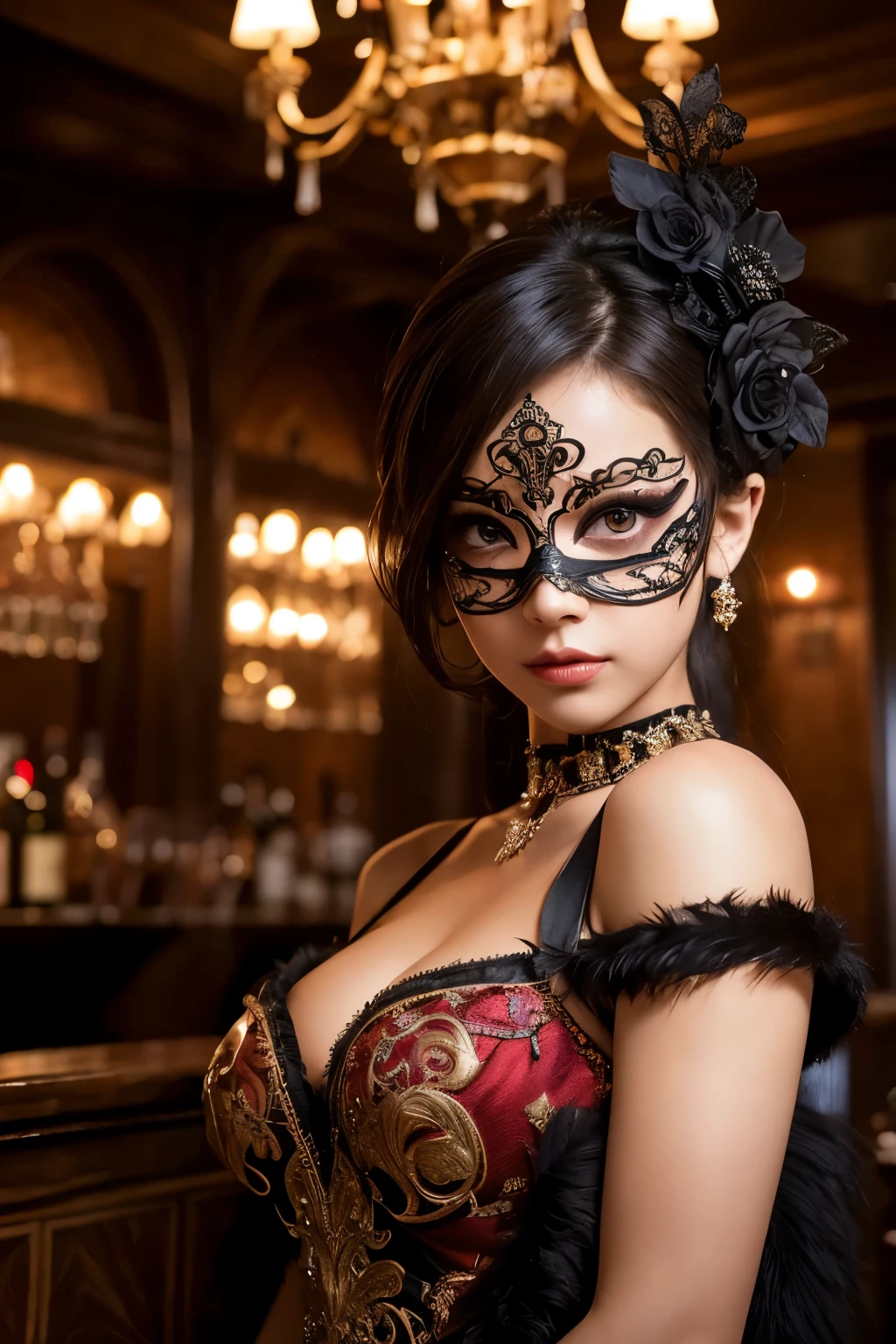 Create a full-body photo of a woman at a secret masquerade party. She is wearing an intricate Venetian mask and an elaborate costume, exuding elegance and mystery. Focus on her sophisticated appearance, highlighting her beautifully detailed eyes and lips. Ensure her face and features are meticulously detailed, with a complex mask design. The scene is set inside a bar with a modern interior and red lighting, creating a moody and enigmatic atmosphere. Use dramatic chiaroscuro lighting with rich shadows to enhance the cinematic quality. The lighting should be dim to emphasize the secretive feel. Ensure the image is of the highest quality, with 4k, 8k resolution, and a masterpiece level of detail. The style should be ultra-detailed, realistic, and photorealistic, with a rich, refined, and captivating color palette. Exclude any cold masks or mouth masks from the design.