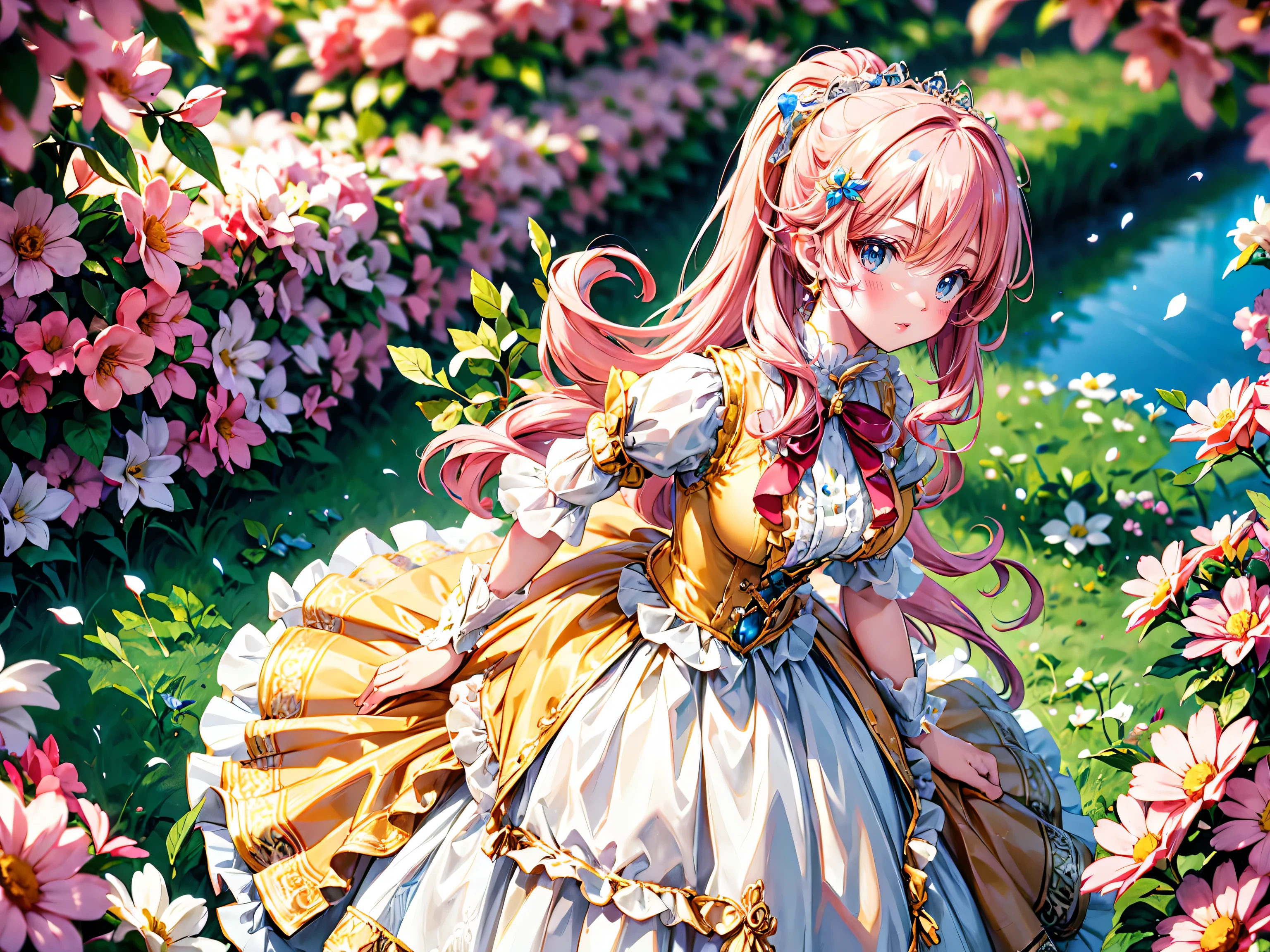 anime moe art style, ((Masterpiece, ultra detailed, exquisite quality)), (((young face solo princess))), (dress light yellow dress), (((ultra elaborate gorgeous rococo victorian gown with voluminous hoopskirt and long hems and lot of frills and pleats dense lace and cute ribbon, princess style skirt, ultra lovely gown))), (((hair pink hair))), ((fluffy long ponytail)), (Expressive very voluminous hair), ((huge breasts)), breasts cleavage, (((leaning forward, looking up, from above, front view))), super delicate face, kawaii face, (hyper detail delicate eyes, hyper beautiful eyes), (eyes blue eyes), (((So lot's of colorful flowers))), ((face focus, eyes focus, blurry background:1.5)), (isometric 3D:1.3), particle effect,