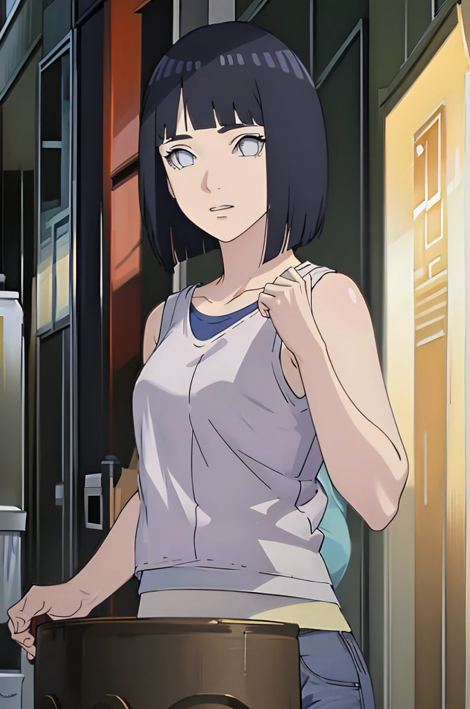 masterpiece, best quality:1.2), 1girl, solo,standing_split, hair, White sleeveless tank top,blue denim short