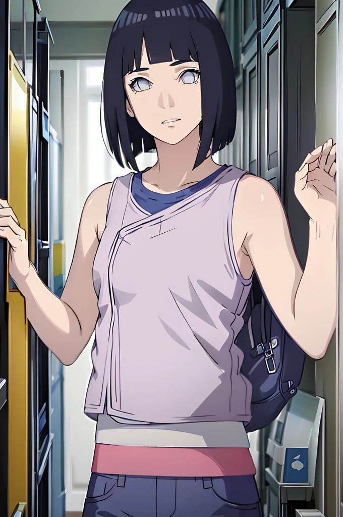 masterpiece, best quality:1.2), 1girl, solo,standing_split, hair, White sleeveless tank top,blue denim short