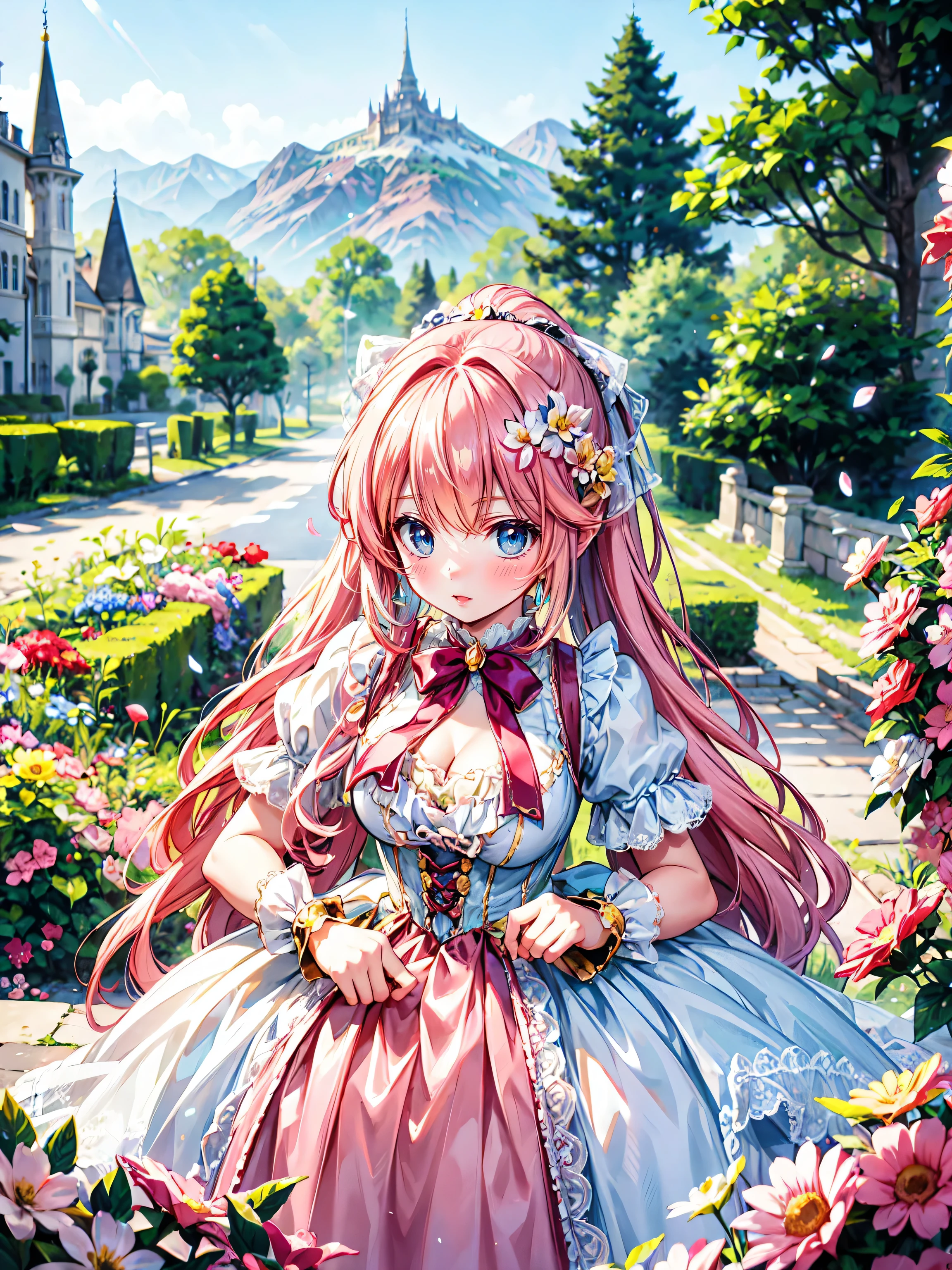 anime moe art style, ((Masterpiece, ultra detailed, exquisite quality)), (((young face solo princess))), (dress light yellow dress), (((ultra elaborate gorgeous rococo victorian gown with voluminous hoopskirt and long hems and lot of frills and pleats dense lace and cute ribbon, princess style skirt, ultra lovely gown))), (((hair pink hair))), ((fluffy long ponytail)), (Expressive very voluminous hair), ((huge breasts)), breasts cleavage, (((leaning forward, looking up, from above, front view))), super delicate face, kawaii face, (hyper detail delicate eyes, hyper beautiful eyes), (eyes blue eyes), (((So lot's of colorful flowers))), ((face focus, eyes focus, blurry background:1.5)), (isometric 3D:1.3), particle effect,