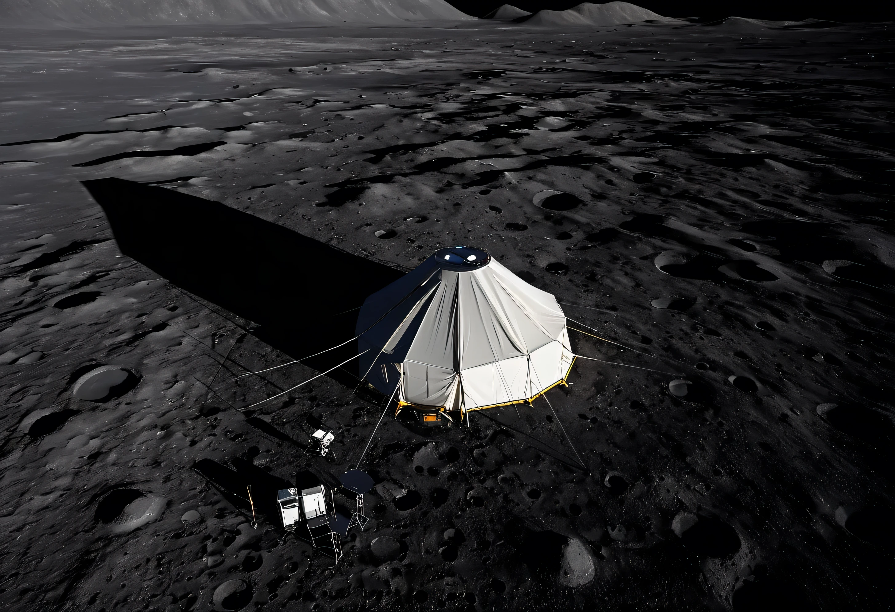 Generate a highly detailed and realistic drone view photo of a camping tent set up on the surface of the Moon. The tent should be a modern, durable design suitable for space exploration, with reflective materials and visible support structures anchoring it to the lunar surface. Surrounding the tent is the stark, barren landscape of the Moon, with its gray, dusty terrain and craters. The Earth is visible in the dark sky above, providing a stunning backdrop. Soft shadows are cast by the sunlight, highlighting the textures and features of the lunar surface. The overall scene should evoke a sense of adventure and exploration, capturing the extraordinary juxtaposition of a familiar camping setup in an alien environment. This photo should be hyper-realistic, visually striking, and convey the awe-inspiring nature of human exploration beyond Earth.