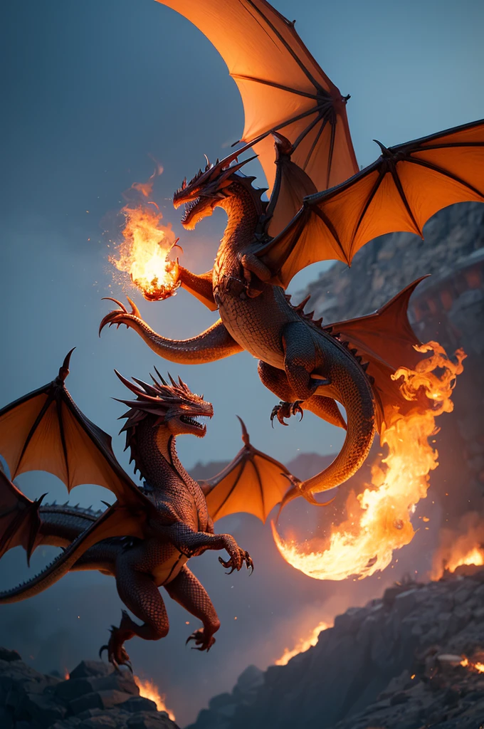 Two Dragons flying and spitting fire