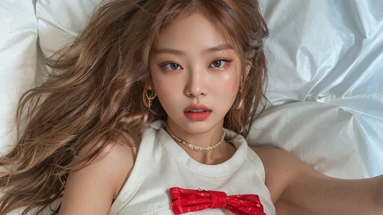 Jennie kim face, full lips, big eyes, curly hair, frizzy hair, curly, coppery hair, tanned skin, realistic, photorealistic, high quality, 8k, hdr.