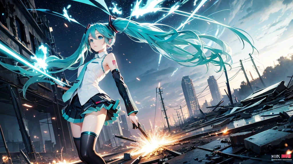 Hatsune Miku、With falling sparks on the background of a ruined city、Heavy metal style cover image。
