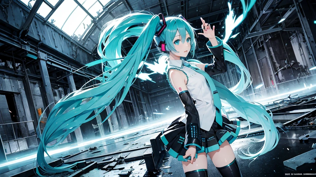 Hatsune Miku、With falling sparks on the background of a ruined city、Heavy metal style cover image。