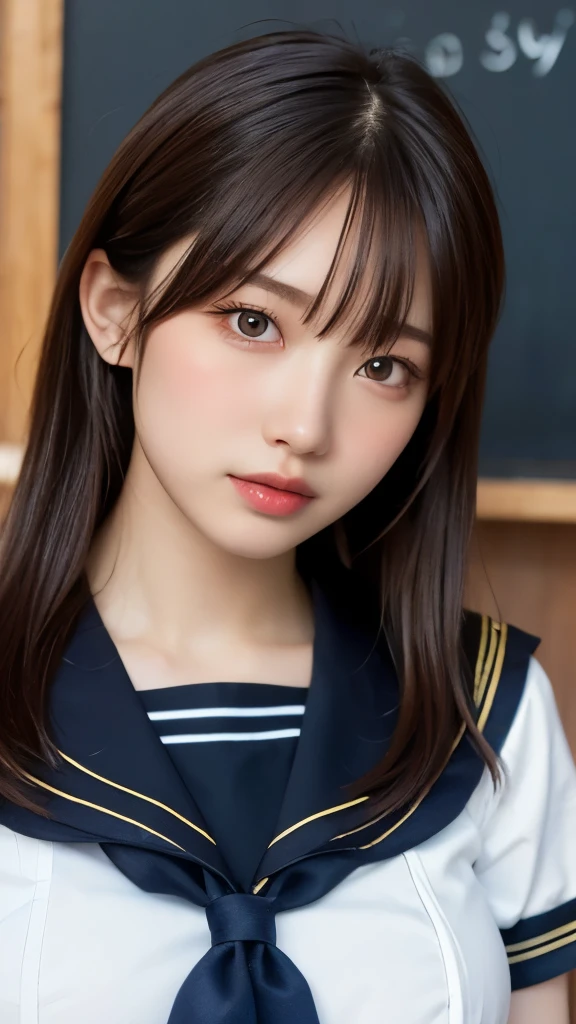 8K,Highest quality,(masterpiece:1.2),(Realistic),(Realistic:1.37),Ultra-high resolution,One high school girl,smile,((Big Breasts)),Beautiful Eyes,(((School uniform,Sailor suit))),Perfect body,Perfect Fingers,Professional Lighting,gravure,Detailed face and skin texture,fine grain,RAW Photos