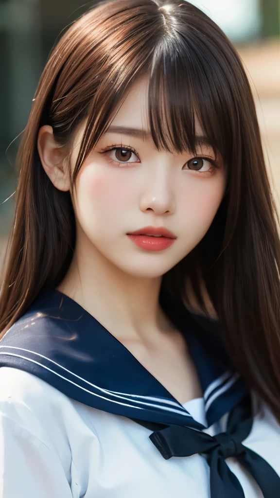 8K,Highest quality,(masterpiece:1.2),(Realistic),(Realistic:1.37),Ultra-high resolution,One high school girl,smile,((Big Breasts)),Beautiful Eyes,(((School uniform,Sailor suit))),Perfect body,Perfect Fingers,Professional Lighting,gravure,Detailed face and skin texture,fine grain,RAW Photos