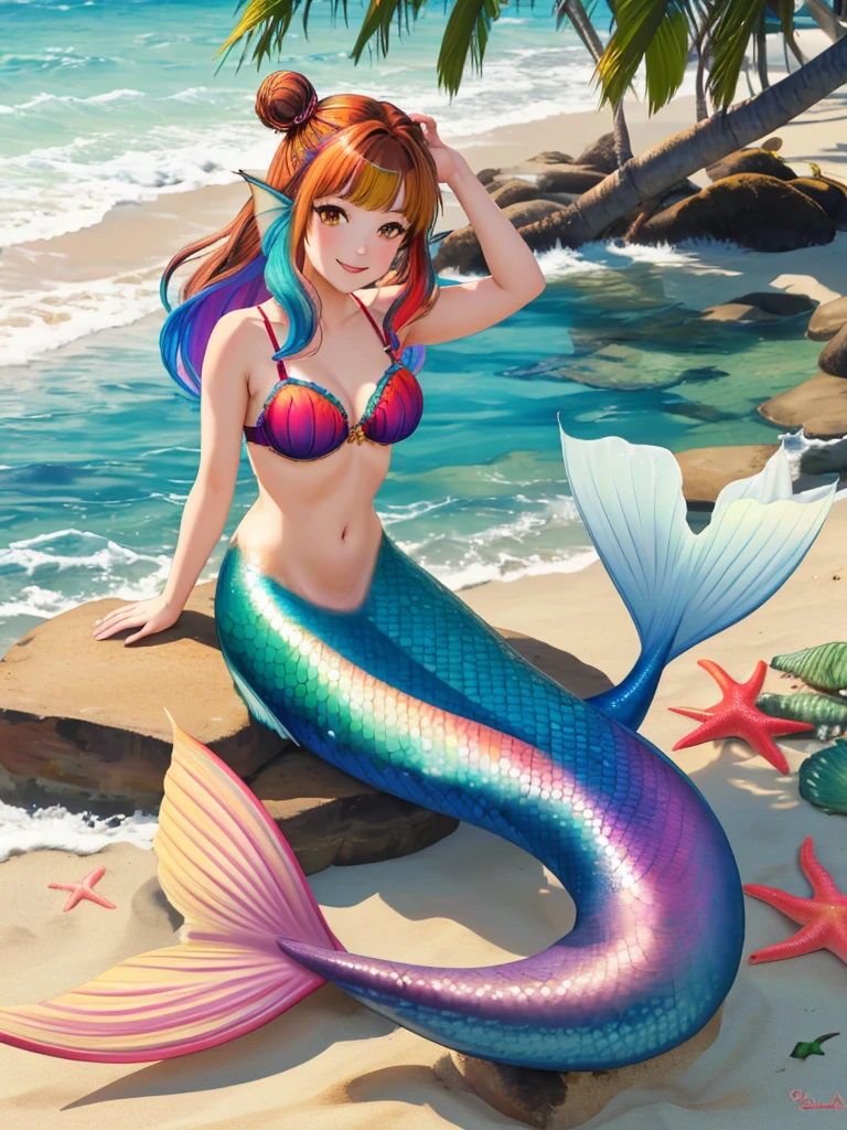 masterpiece, best quality:1.2), 1girl, smile, looking at viewer, brown hair in one bun with hair sticks, golden eyes, multicolored hair, mermaid, multicolored golden mermaid tail, laying on beach, fin ears, head fins, seashell bra, under cherry blossoms