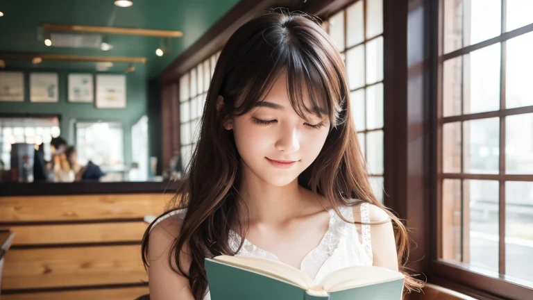1 girl, black hair, (14 years old:1.4), Girl sitting at a table opposite a café, Latte on the table, (reading a book:1.3), (whole body:1.3), a loving gaze, (8K, RAW photo, highest quality, masterpiece:1.2), High-definition RAW color photos, professional photos,(realistic, photo realistic:1.2), ((highest quality)), Bokeh, using a reflector, f/1.4, 50mm, japanese girl, detailed beautiful face, detailed face, (shy smile:1.2),enchanting smile, beautiful, very pretty, cute like a doll, female idol, round big eyes, droopy eyes, small nostrils,