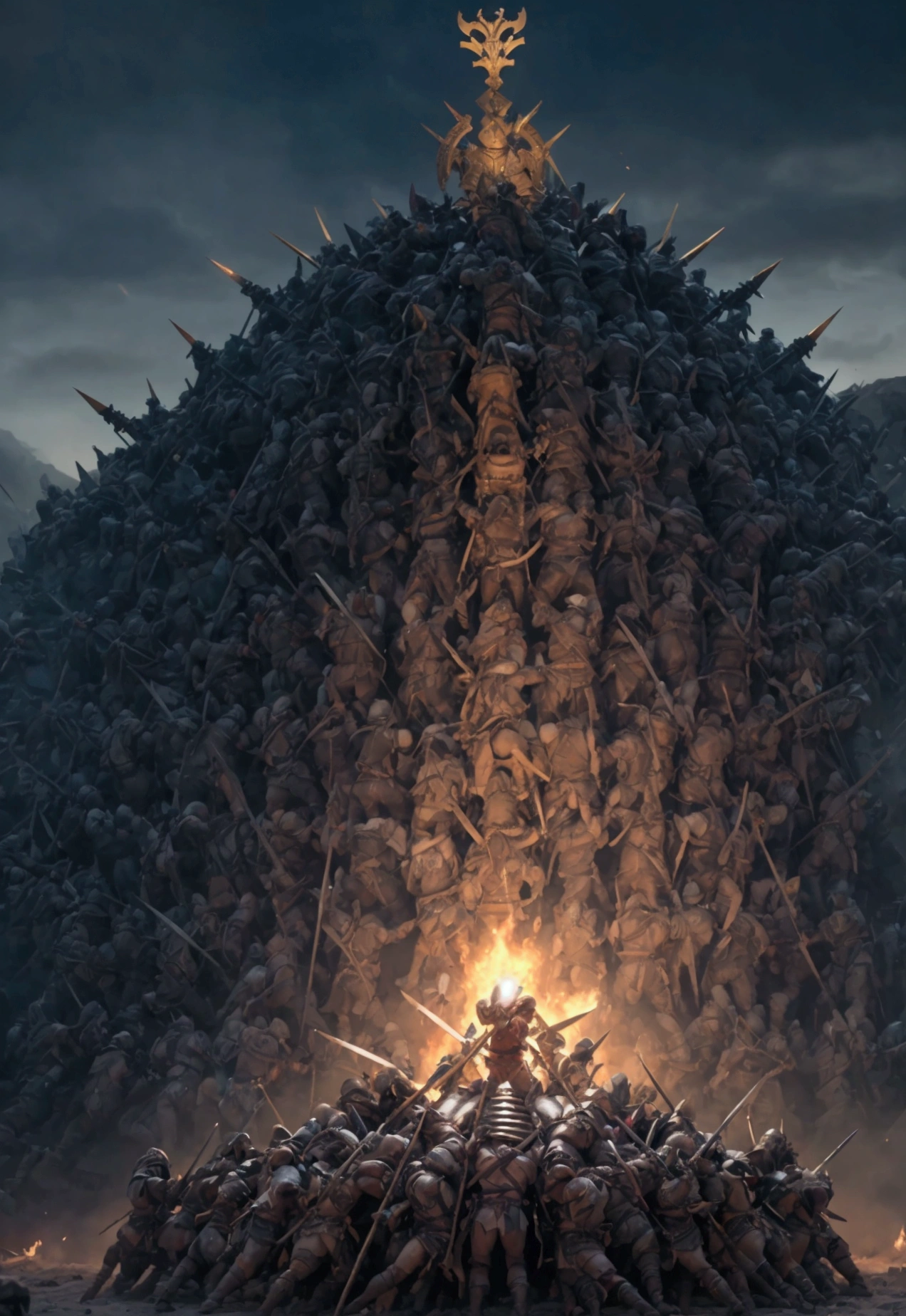 Master Piece, best quality, (extremely detailed CG unity 8k wallpaper), (best quality) 8k detail. A pyramid pile of 300 unconscious male barbarian soldiers defeated in battle. The 300 unconscious barbarian soldiers are piled up on top of each other, one by one. They are clad in armor and helmets. spikes stick out of the pile of bodies. spears with small pennant flags stick out of the pile of bodies. swords, helmets, arms, legs and heads stick out of the pile randomly. The pile is 30 feet high. NO man is naked. The pile is not uniformly even, the bodies are placed in random poses.
