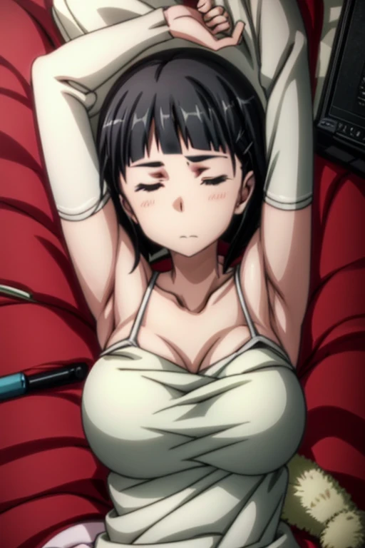 Kiritani Suguha, short black hair, sleeping, lying on bed, sexy, short nightgown, upper-half body, , huge , with a pleasant face, perfect body, closed eyes with satisfaction
