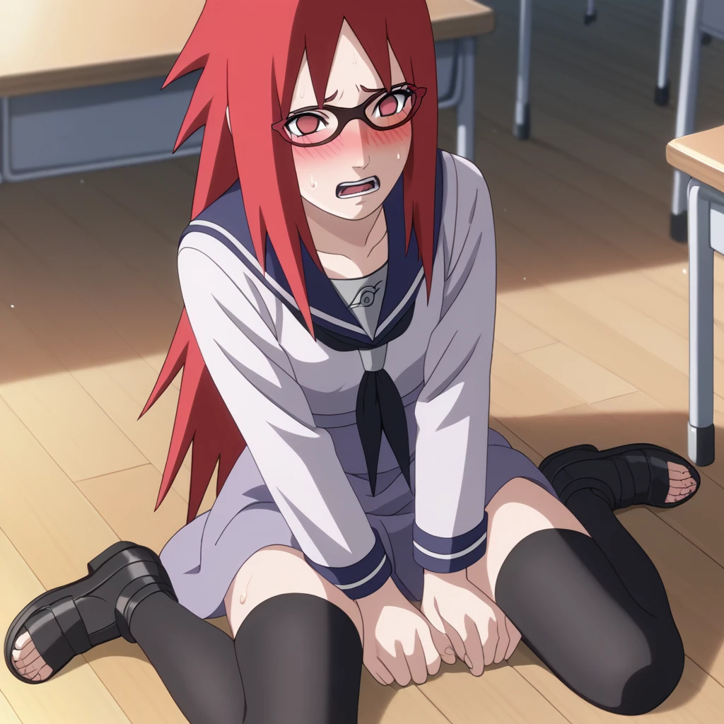 Red hair, 1 Girl, Glasses, Long hair, Red Eyes, Solitary, Sailor Suit,Umbilical cord, Looking at the audience,No students, Japanese cartoons screencap, Japanese cartoons coloring,src_Japanese cartoons,Naruto \(series\), Naruto shippuuden,((blush,nervous,Vision,classroom,Sitting on the floor,))masterpiece, absurd , (Intricate details), (Colorful), light, Extremely detailed CG unity 8k wallpaper ,1 Girl, solo,(shy,classroom,night,blush,nervous,Sweating,蕾丝dress, ),sweat,blush,blush1.5,Blush,Medium chest,((dress,Black stockings,)),(dress,Uncomfortable expression,Mouth open,spit)