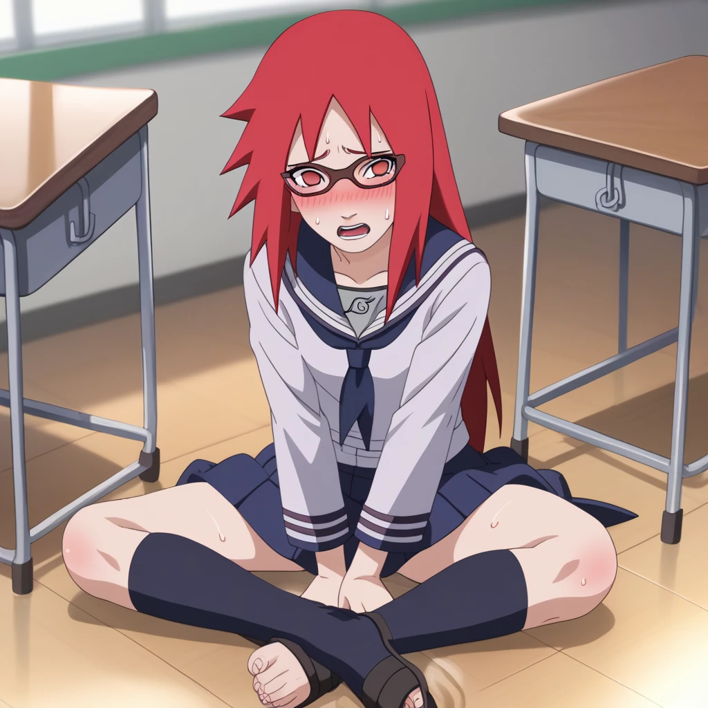 Red hair, 1 Girl, Glasses, Long hair, Red Eyes, Solitary, Sailor Suit，Umbilical cord, Looking at the audience，No students, Japanese cartoons screencap, Japanese cartoons coloring,src_Japanese cartoons,Naruto \(series\), Naruto shippuuden,（（blush，nervous，Vision，classroom，Sitting on the floor，））masterpiece， absurd ， （Intricate details）， （Colorful）， light， Extremely detailed CG unity 8k wallpaper ，1 Girl， solo，（shy，classroom，night，blush，nervous，Sweating，蕾丝dress， ），sweat，blush，blush1.5，Blush，Medium chest，（（dress，Black stockings，）），（dress，Uncomfortable expression，Mouth open，spit）