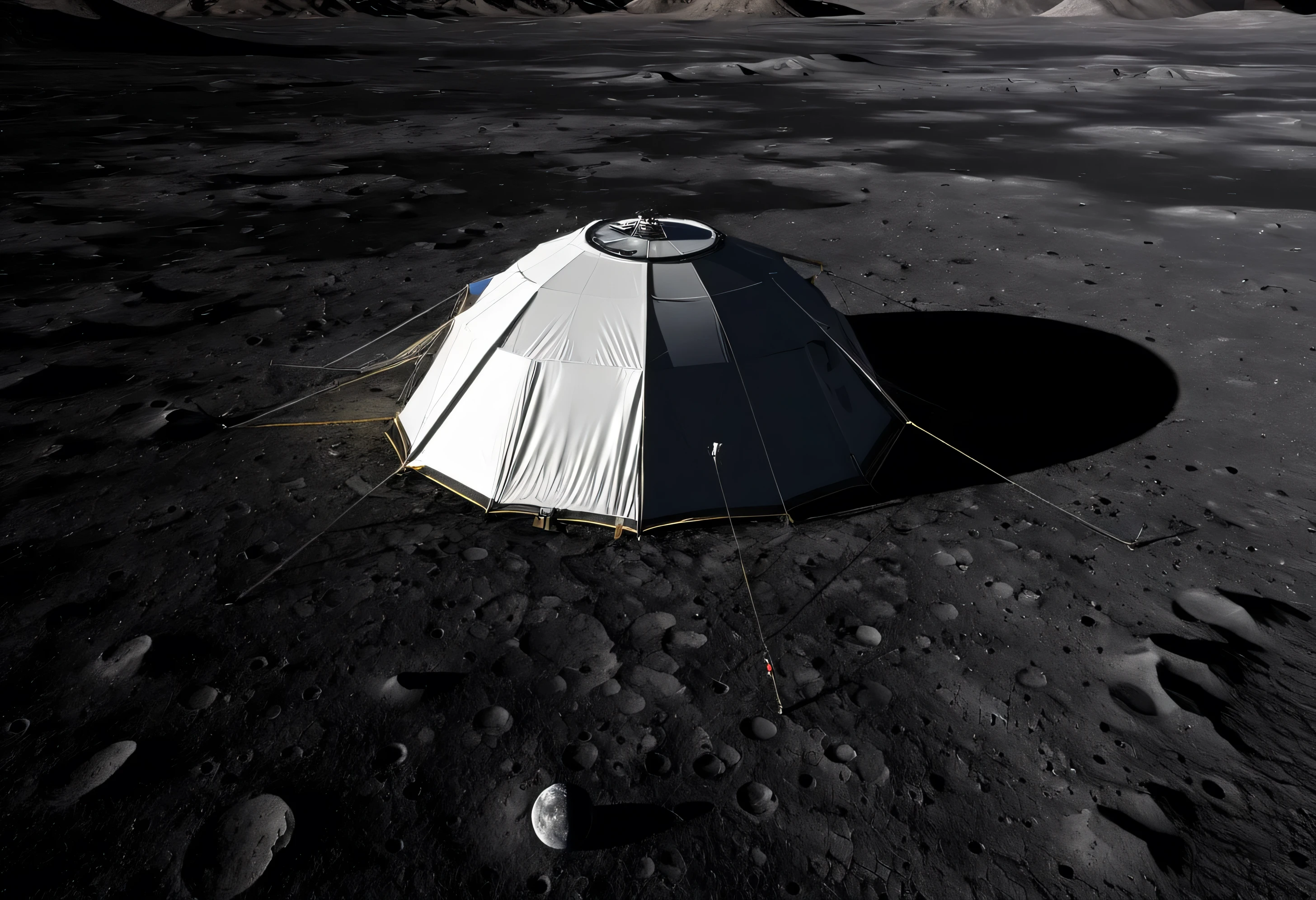 Generate a highly detailed and realistic drone view photo of a camping tent set up on the surface of the Moon. The tent should be a modern, durable design suitable for space exploration, with reflective materials and visible support structures anchoring it to the lunar surface. Surrounding the tent is the stark, barren landscape of the Moon, with its gray, dusty terrain and craters. The Earth is visible in the dark sky above, providing a stunning backdrop. Soft shadows are cast by the sunlight, highlighting the textures and features of the lunar surface. The overall scene should evoke a sense of adventure and exploration, capturing the extraordinary juxtaposition of a familiar camping setup in an alien environment. This photo should be hyper-realistic, visually striking, and convey the awe-inspiring nature of human exploration beyond Earth.