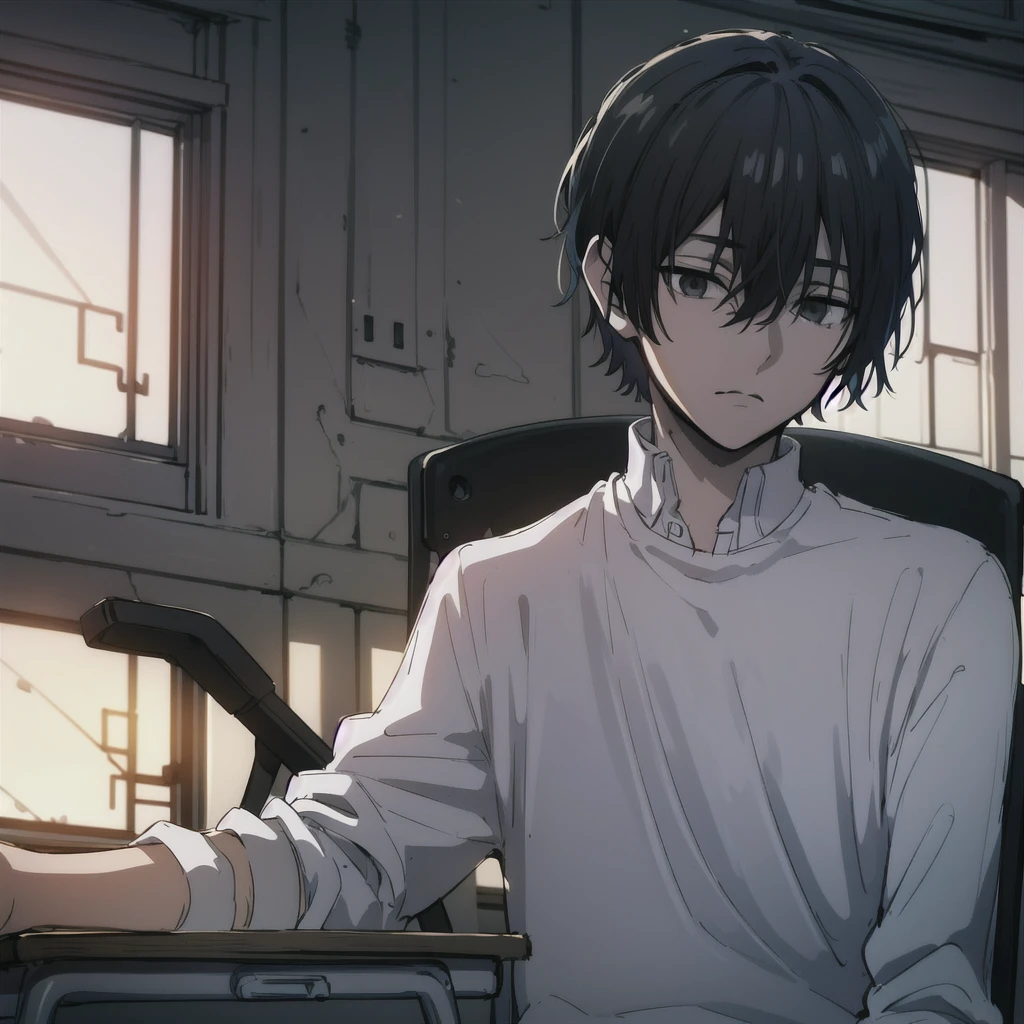 ((best quality)), ((masterpiece)), (detailed), boy, high , bored look, blank look, disinterested look, resting on desk, school chair, empty classroom, black hair, black eyes, sketch, alone, short hair. half body, face, gloomy, dark eyes, illustration, solo.