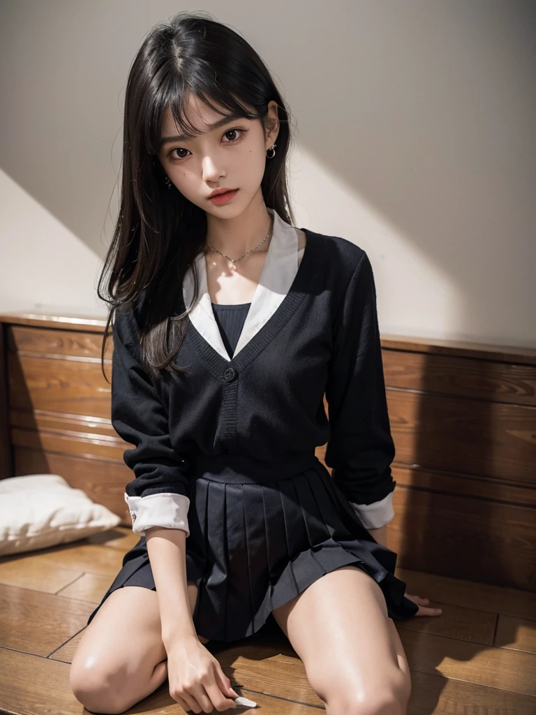 absurdres, RAW photo, extremely delicate and beautiful, masterpiece, Best Quality, ultra high resolution, 32k, hyperrealistic, ultra-detailed, perfect figure, Perfect Style, Perfect balance, in her 20s, very small head, very small face, delicate facial features, tearful mole, earring, very huge breasts, (full body shot:1.4), medium hair, black hair, (school_uniform:1.2),