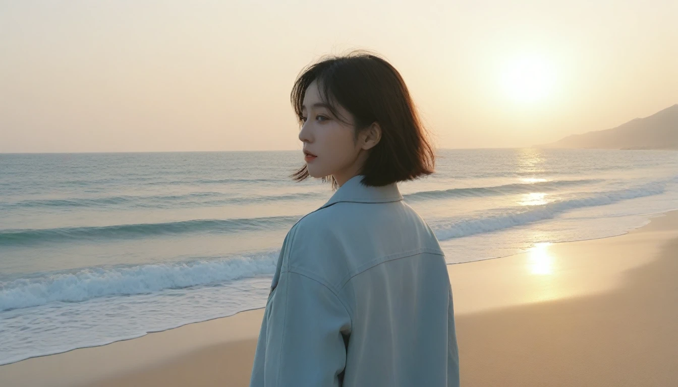 8K, Vivid picture quality, The picture quality is vivid, Realistic and perfect picture quality, long deserted beach, sunset 뷰어, short hair that touches the shoulders and covers the neck, sunset의 붉은 빛, sunset, alone, afternoon, depressed, tide가 밀려온다, ocean, tide, wind, short korean girl, thick shirt, jeans, light trench coat, 잔잔한 tide