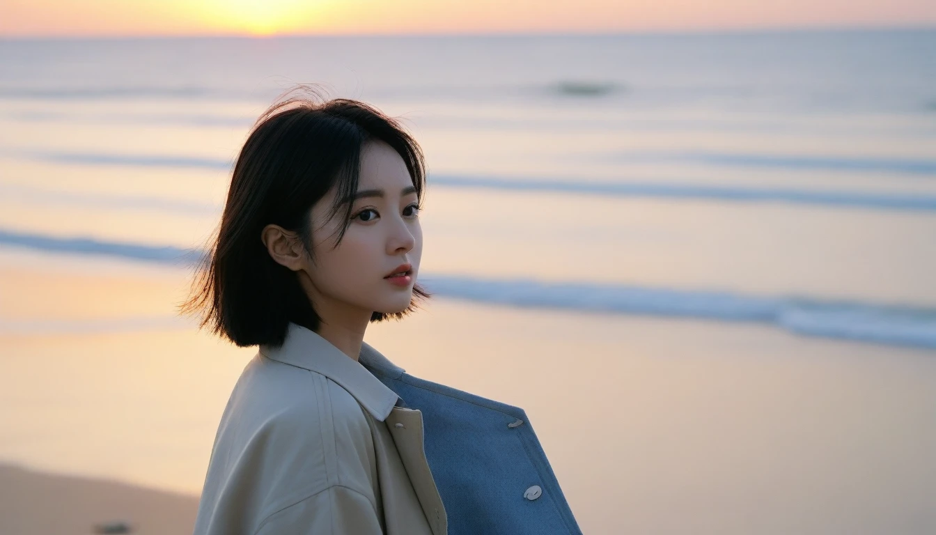 8K, Vivid picture quality, The picture quality is vivid, Realistic and perfect picture quality, long deserted beach, sunset 뷰어, short hair that touches the shoulders and covers the neck, sunset의 붉은 빛, sunset, alone, afternoon, depressed, tide가 밀려온다, ocean, tide, wind, short korean girl, thick shirt, jeans, light trench coat, 잔잔한 tide