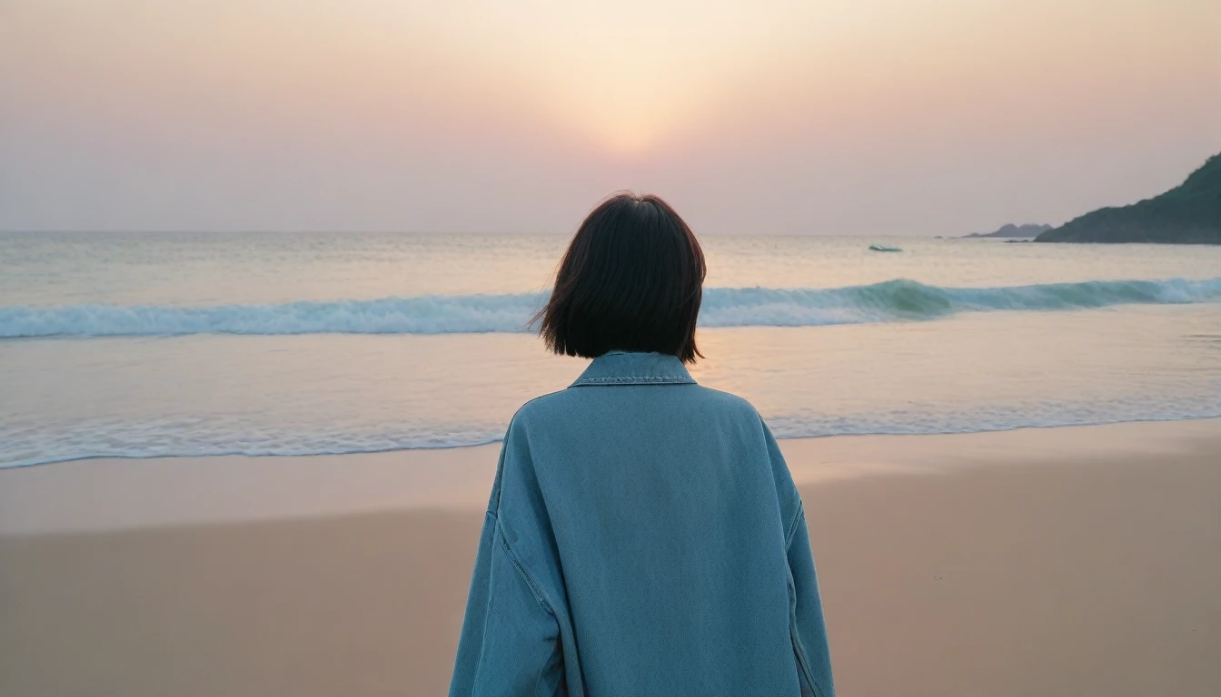 8K, Vivid picture quality, The picture quality is vivid, Realistic and perfect picture quality, long deserted beach, sunset 뷰어, short hair that touches the shoulders and covers the neck, sunset의 붉은 빛, sunset, alone, afternoon, depressed, tide가 밀려온다, ocean, tide, wind, short korean girl, thick shirt, jeans, light trench coat, 잔잔한 tide