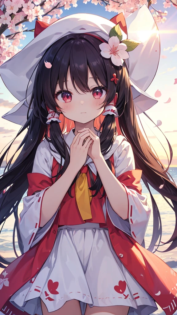 (Best image quality), Reimu Hakurei, Cherry Blossom, spring, sunset, hands back、hat、hoodie