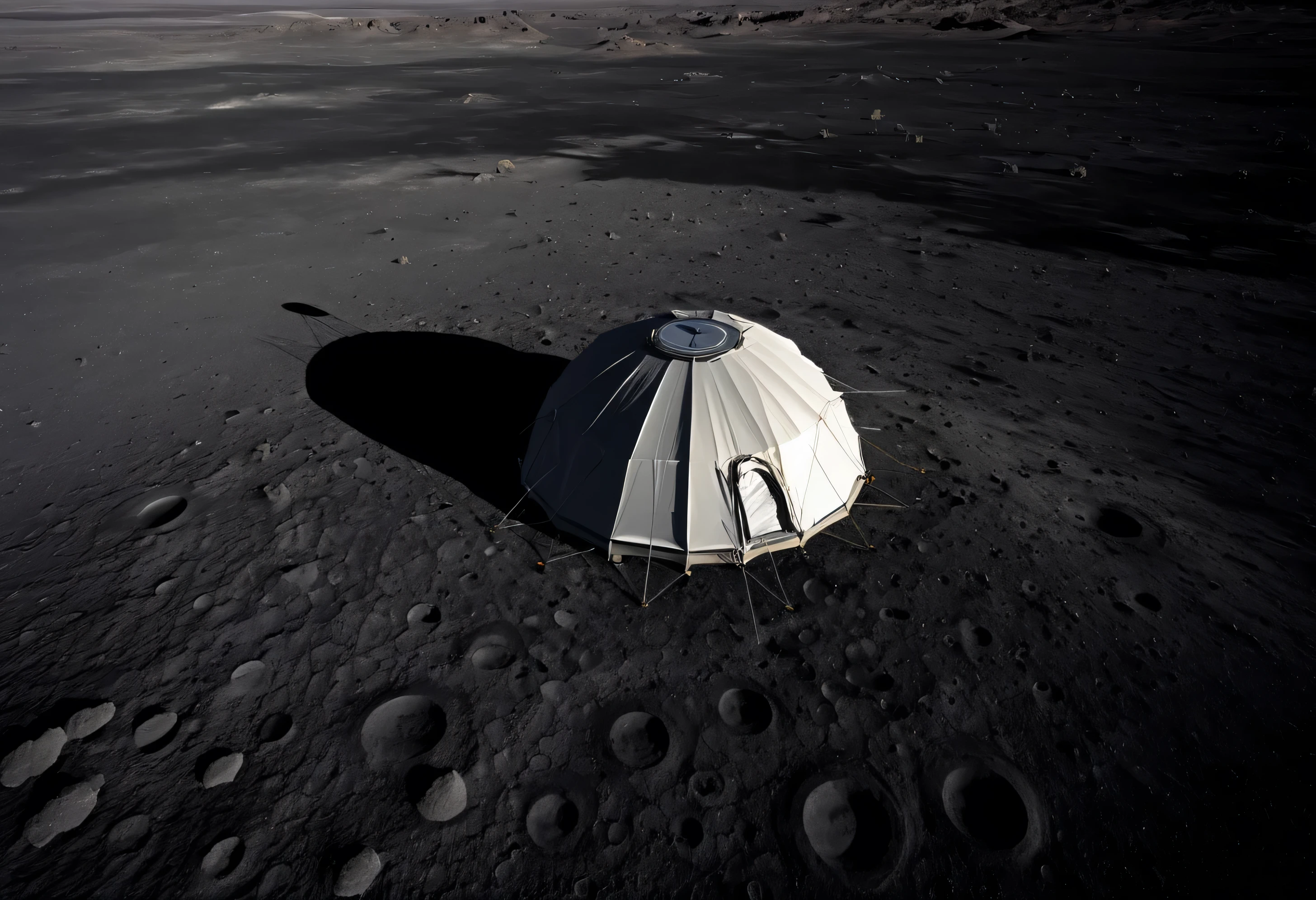 Generate a highly detailed and realistic drone view photo of a camping tent set up on the surface of the Moon. The tent should be a modern, durable design suitable for space exploration, with reflective materials and visible support structures anchoring it to the lunar surface. Surrounding the tent is the stark, barren landscape of the Moon, with its gray, dusty terrain and craters. The Earth is visible in the dark sky above, providing a stunning backdrop. Soft shadows are cast by the sunlight, highlighting the textures and features of the lunar surface. The overall scene should evoke a sense of adventure and exploration, capturing the extraordinary juxtaposition of a familiar camping setup in an alien environment. This photo should be hyper-realistic, visually striking, and convey the awe-inspiring nature of human exploration beyond Earth.