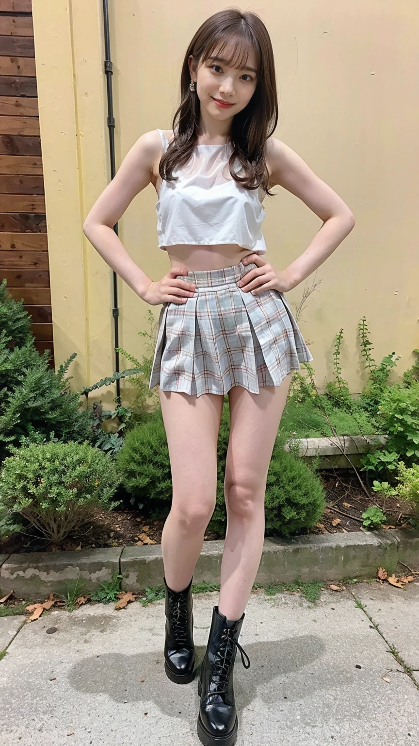 (8K、RAW Photos、Highest quality、masterpiece:1.2)、(Highest quality、Realistic)、1 Girl、((Tube top、mini skirt、Idol Costume、ribbon、Medium Hair、See-through、smile、silver、lame、Thin legs、whole body、boots、garden、View from the front、Looking into the camera、Stand with hands on hips))、cute
