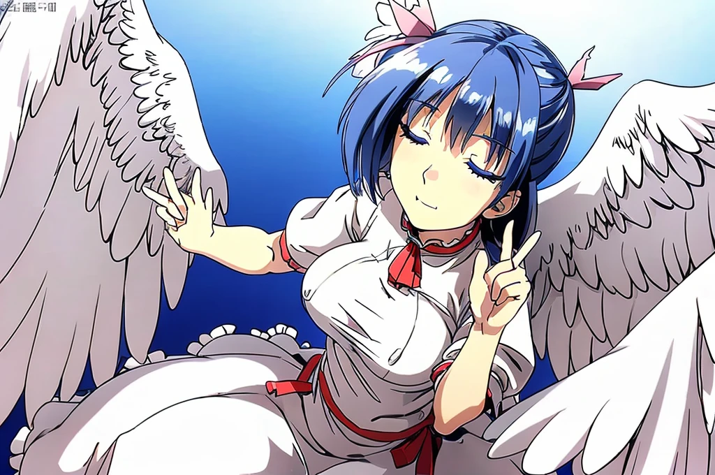 (best quality,4k,8k,highres,masterpiece:1.2), ultra-detailed, highly detailed texture, intricate details, high quality textures, A cute teenage angel with blue eyes, drawn in anime style, 1girl, , , 10 years old, medium blue hair, hair flaps, pink ribbon on head, well-formed face, blue eyes, angel girl, white blouse, puffy short sleeves, red ribbon, angel wings, long white skirt, red shoes, frills, ribbon head, A pair of angel wings on the back, from behind, to lift up one’s skirt, cowboy shot, from front, standing , raise one leg, crossed arms, arms up behind, arms behind back, hand between legs, put hands hip, one hand on hip, forward hands, arms raised in the air, punch hands, peace sign, waving, put up index finger, sit, lie down, closed eyes, lie face down, looking back, put one hand chest, leaning forward, cleavage, close up, horizontally outstretched arms, horizontally outstretched legs, front view, front face, huge breasts for short stature