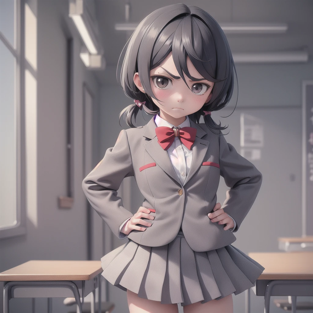 masterpiece, Highest quality, Cutchikirkia, bow tie, Grey blazer, Grey Skirt, School, classroom, Cowboy Shot, View your viewers, Frowning,