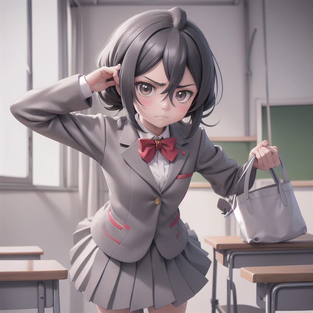 masterpiece, Highest quality, Cutchikirkia, bow tie, Grey blazer, Grey Skirt, School, classroom, Cowboy Shot, View your viewers, Frowning,