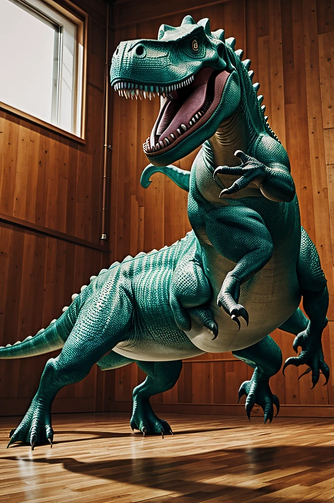 A dinosaur dancing with shoes