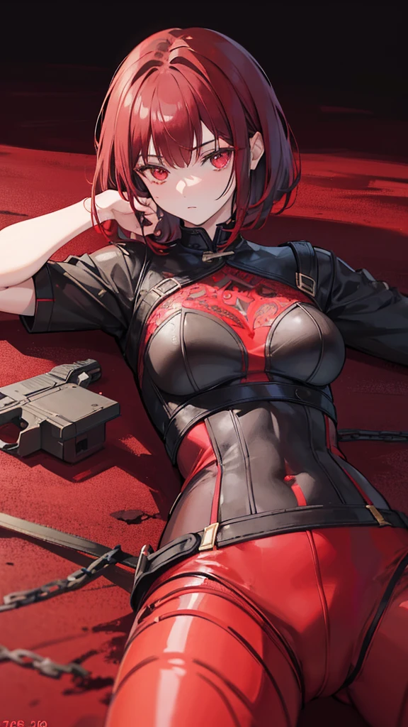 A ,girl,14 years old,red eyes,dark red hair,medium bob cut,action figure,lying on the ground,highly detailed,masterpiece,8k,photorealistic,intricate details,cinematic lighting,dramatic pose,soft shadows,interesting background,vibrant colors,fantasy,surreal