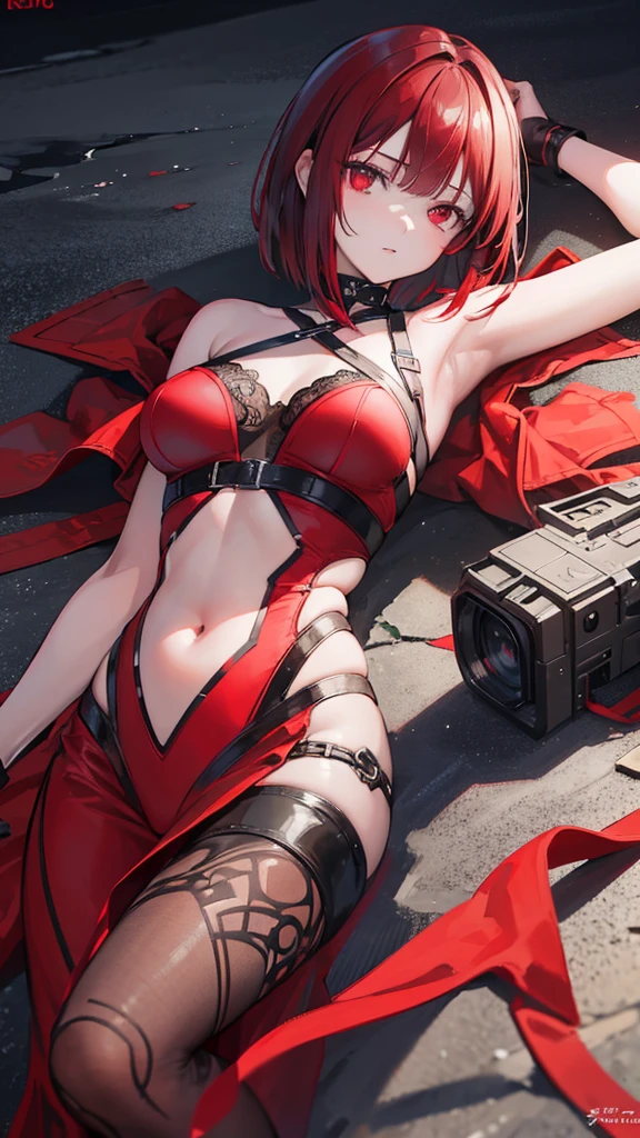 A ,girl,,red eyes,dark red hair,medium bob cut,action figure,lying on the ground,highly detailed,masterpiece,8k,photorealistic,intricate details,cinematic lighting,dramatic pose,soft shadows,interesting background,vibrant colors,fantasy,surreal