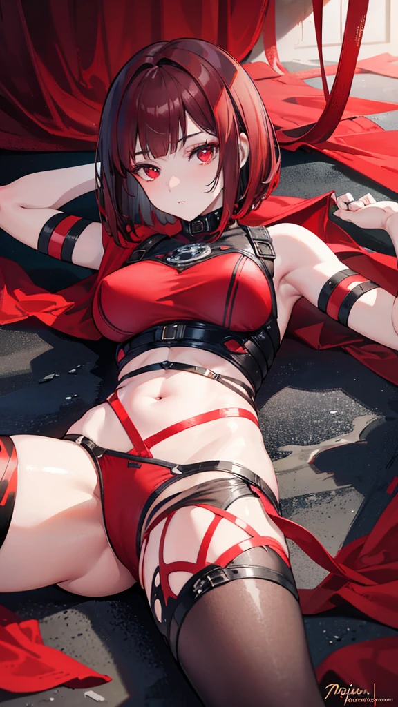 A ,girl,,red eyes,dark red hair,medium bob cut,action figure,lying on the ground,highly detailed,masterpiece,8k,photorealistic,intricate details,cinematic lighting,dramatic pose,soft shadows,interesting background,vibrant colors,fantasy,surreal