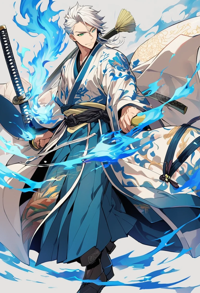 1 young boy, male focus, details Intricate, 1 men, bonitas, White hair, vibrant green eyes, slim muscles, アニメ, 19yearsold, 19 years, a small goatee, kimono de Shinigami, Shinigami, bleach style, bleach, regatta, kimono, bleach, bleach style, katana ( uma katana afiada e longa coberta por Blue flames) , blue flames, Blue flames, katana longa, powerful katana
