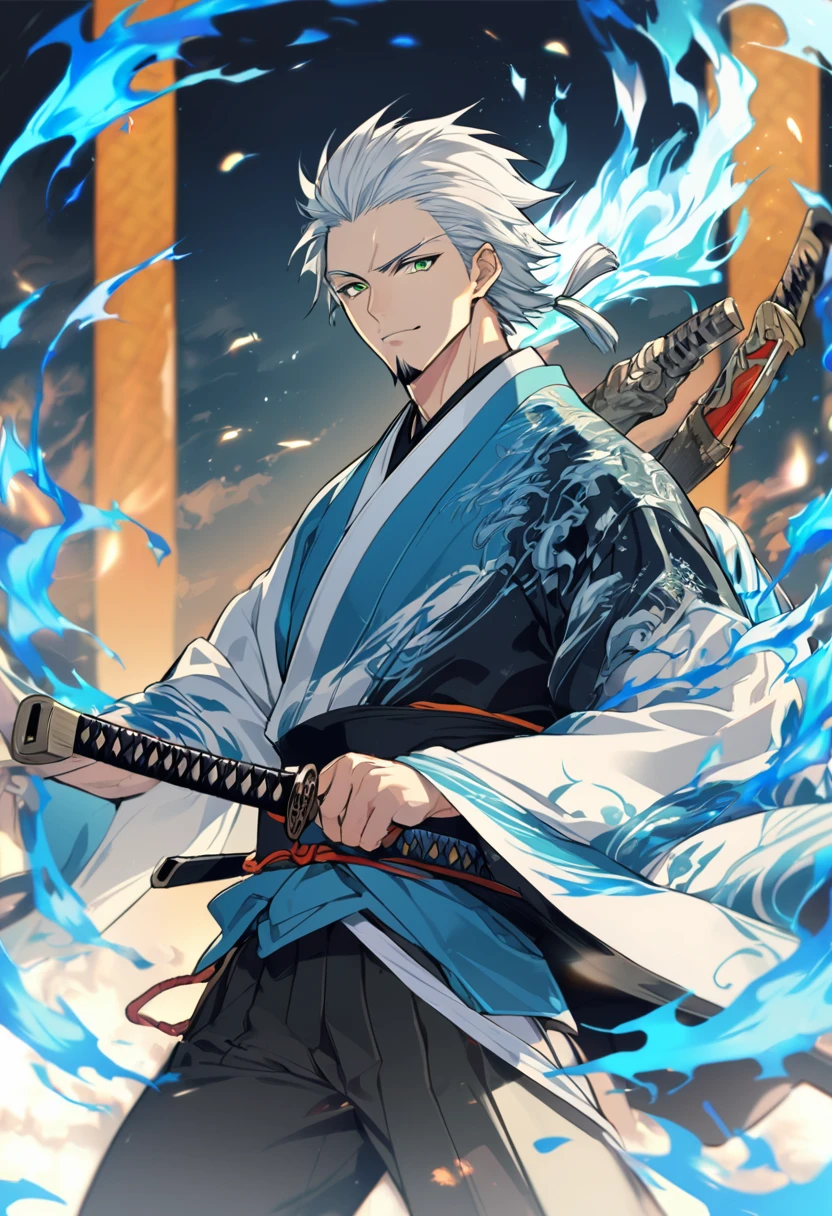 ung boy, male focus,  details Intricate, 1 men, bonitas, White hair, vibrant green eyes, slim muscles, アニメ, 19yearsold, 19 years, a small goatee, kimono de Shinigami, Shinigami, bleach style, bleach, regatta, kimono, bleach, bleach style, katana ( uma katana afiada e longa coberta por Blue flames) , blue flames, Blue flames, katana longa, powerful katana