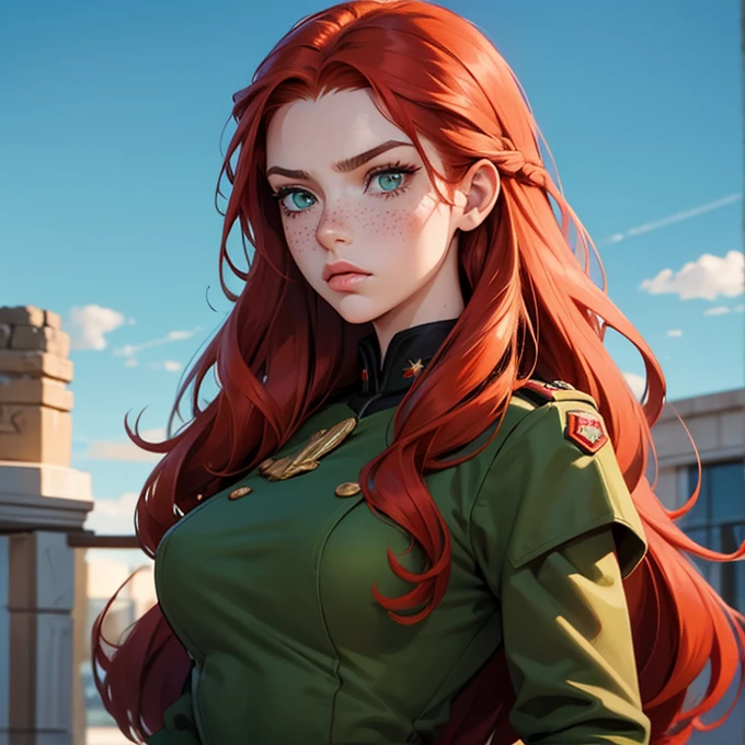 work of art, best qualityer, super verbose, illustration, lindos greeneyes detalhado, A girl. russet hair, Red hair, long red hair, greeneyes, roupa militar, longye hair, wavy hair, serious face, freckles, tall woman, woman strong, in soldier's clothes.