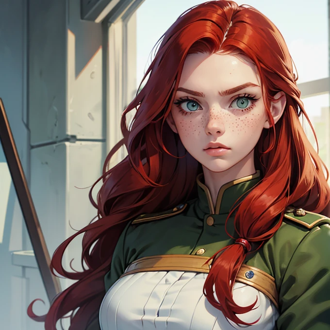work of art, best qualityer, super verbose, illustration, lindos greeneyes detalhado, A girl. russet hair, Red hair, long red hair, greeneyes, roupa militar, longye hair, wavy hair, serious face, freckles, tall woman, woman strong, in soldier's clothes.
