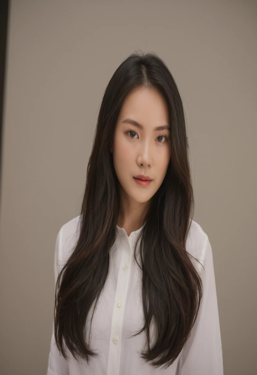 Best Quality, 8k, Masterpiece, (Portrait: 1.3), (photo realistic:1.4), (hyper realistic:1.4), Sharp Focus, looking at viewer, (smoother lighting:1.1), (increase cinematic lighting quality:0.9), realistic lighting, backlighting, light on face, ray trace, (brightening light:1.2), (Increase quality:1.4), sharp detail, (best quality real texture skin:1.4), finely detailed eyes, black_eyes, finely detailed face, 25 year old Korean woman, (white formal_shirt:1.4), (Create an image maintaining the original base model hairstyle:1.5)