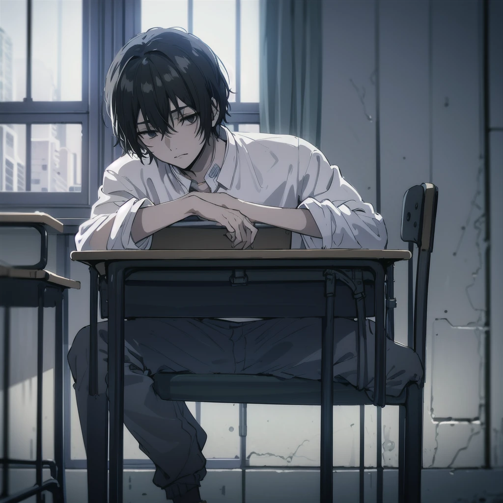 ((best quality)), ((masterpiece)), (detailed), boy, high , bored look, blank look, disinterested look, resting on desk, school chair, empty classroom, black hair, black eyes, sketch, alone, short hair. half body, face, gloomy, dark eyes, illustration, solo.