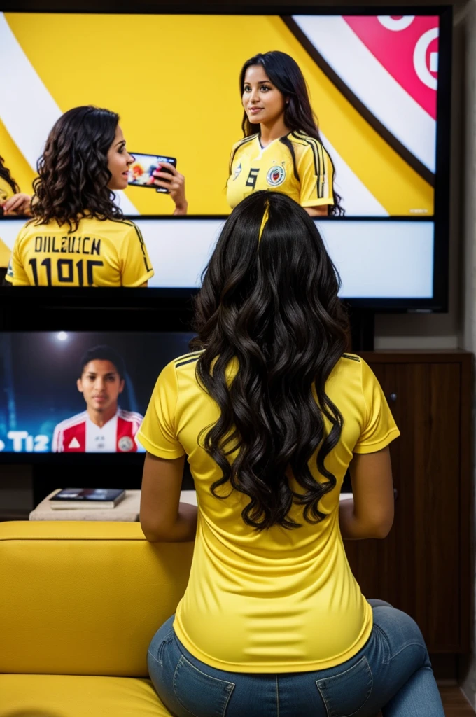 Woman from behind watching big screen TV with the Colombian National Team shirt yellow number 10 shirt name Miriam color black hair Curly skin Morena Miriam cocktail food and friends 