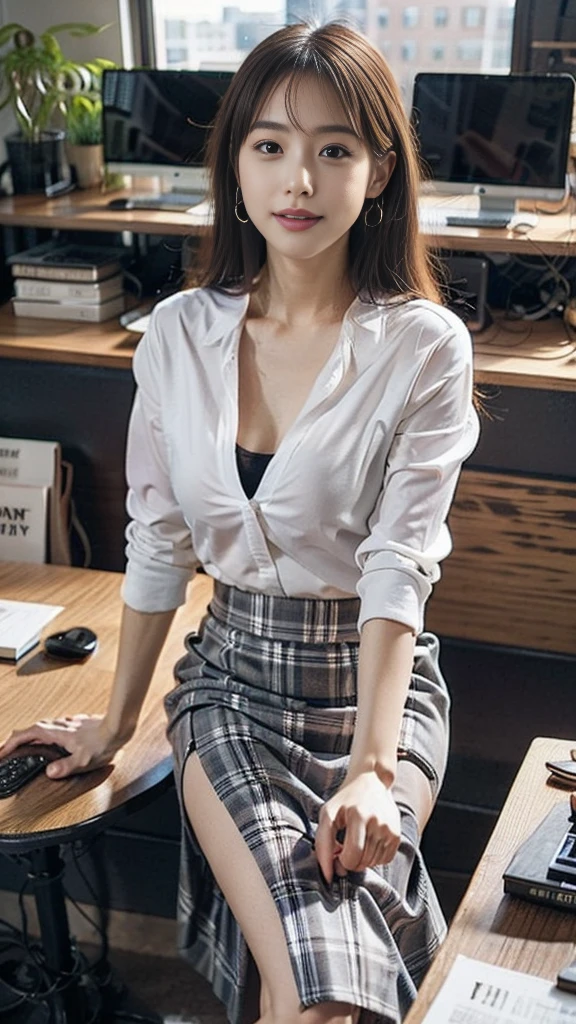 (Japanese Office Lady、25 year old Japanese woman:1.2)、One Woman、Very beautiful woman、(Checked business suit、Gray business suit、Suit skirt:1.3)、Black high heels、Detailed face、Detailed eyes、Beautiful Lips、Beautiful eyes、Semi-long hair、Black Hair、Smiling、Narrow Face、Thin face、Natural Makeup、Beautiful feet、Simple earrings、At the company office、Office with desks and chairs、Office with big windows、Woman walking indoors、((RAW Photos、clear color photos))、Perfect proportions