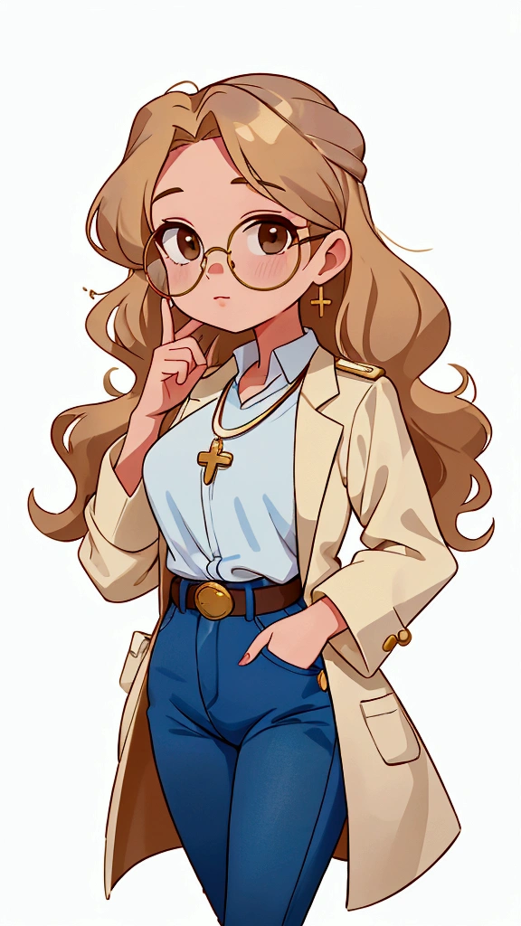 Create a character named Olivia, a 40-year-old aromatherapist specializing in essential oils, with 1,70 tall and 60kg, white. golden blonde with wavy hair. side hairstyle, at shoulder height, Brown eyes , wears round brown glasses, she is gentle and delicate, wears a light blue shirt, blue jeans with a brown belt and a white long-sleeved doctor's coat. she has a golden wedding ring on her left ring finger and wears a necklace with a golden crucifix. make her look at the camera, com fundo branco.