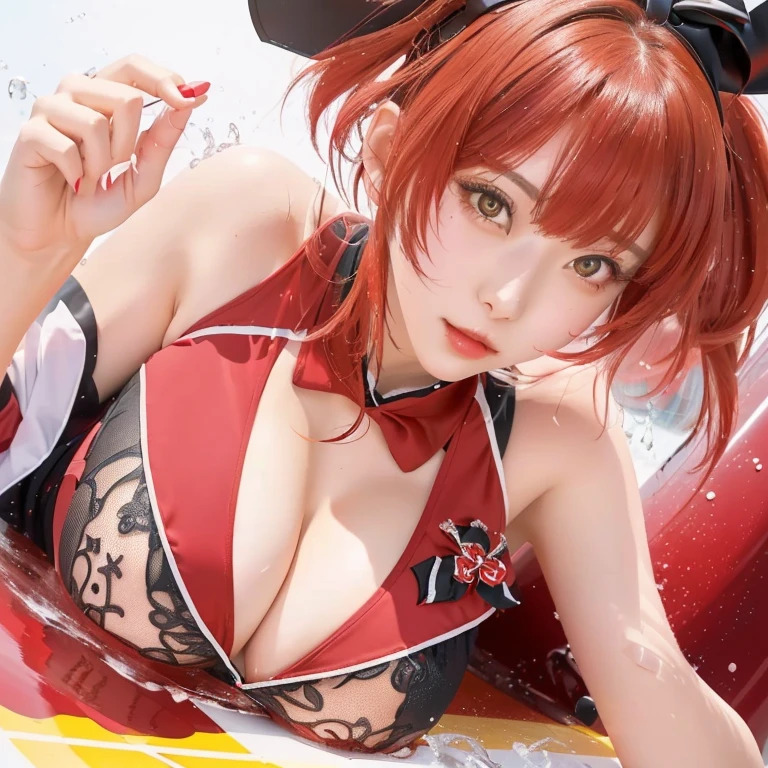 girl in a red and black outfit laying on a surfboard, splash art  , , oppai, seductive  girl, ecchi, kawacy, from the azur lane videogame, [ 4 k digital art ]!!, ecchi style, sh,  4 k, ! 4k