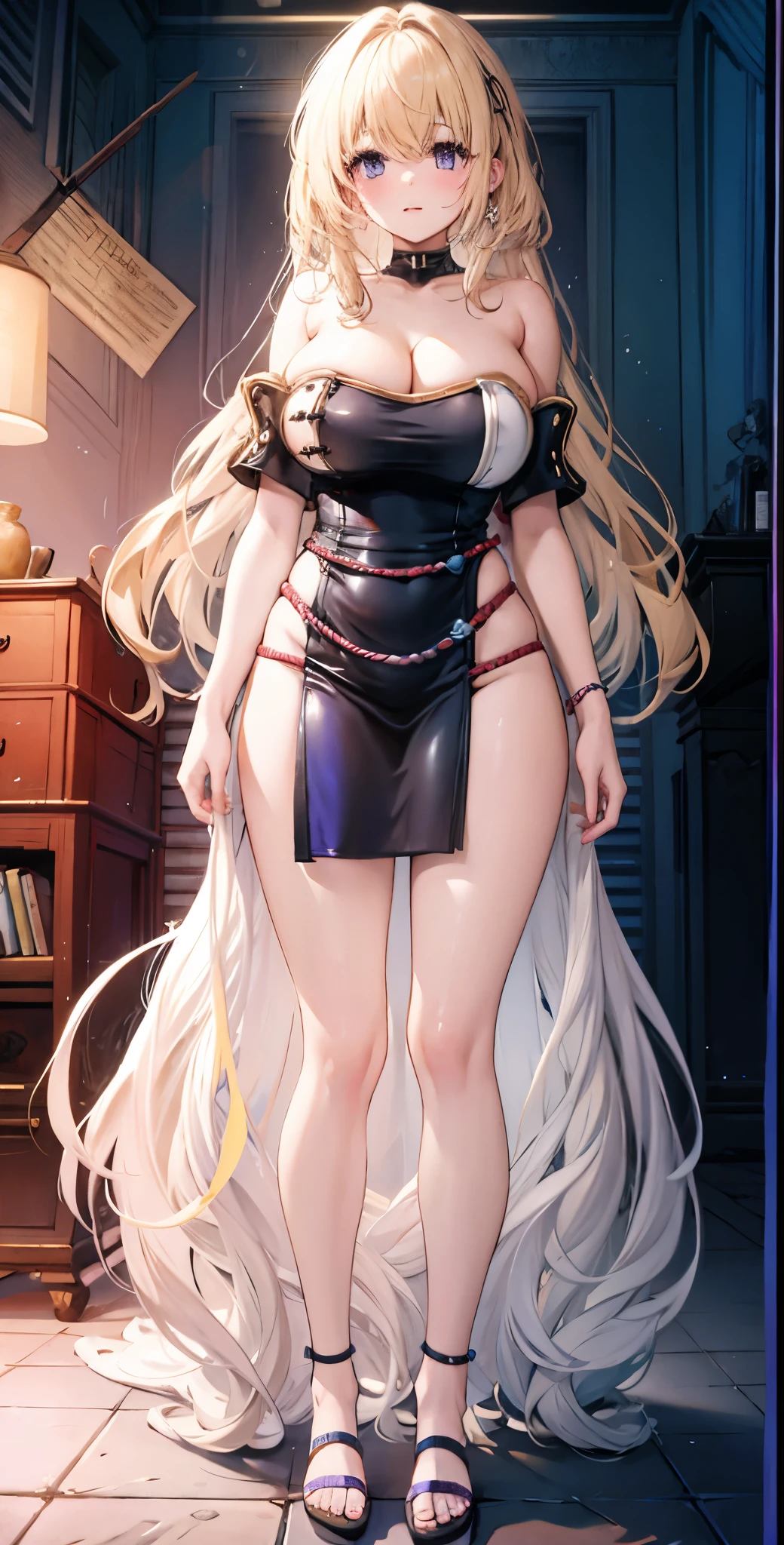 girl,Large Breasts,long hair,Topless,Bow,Blonde hair, Purple Eyes, Cleavage,Large Breasts