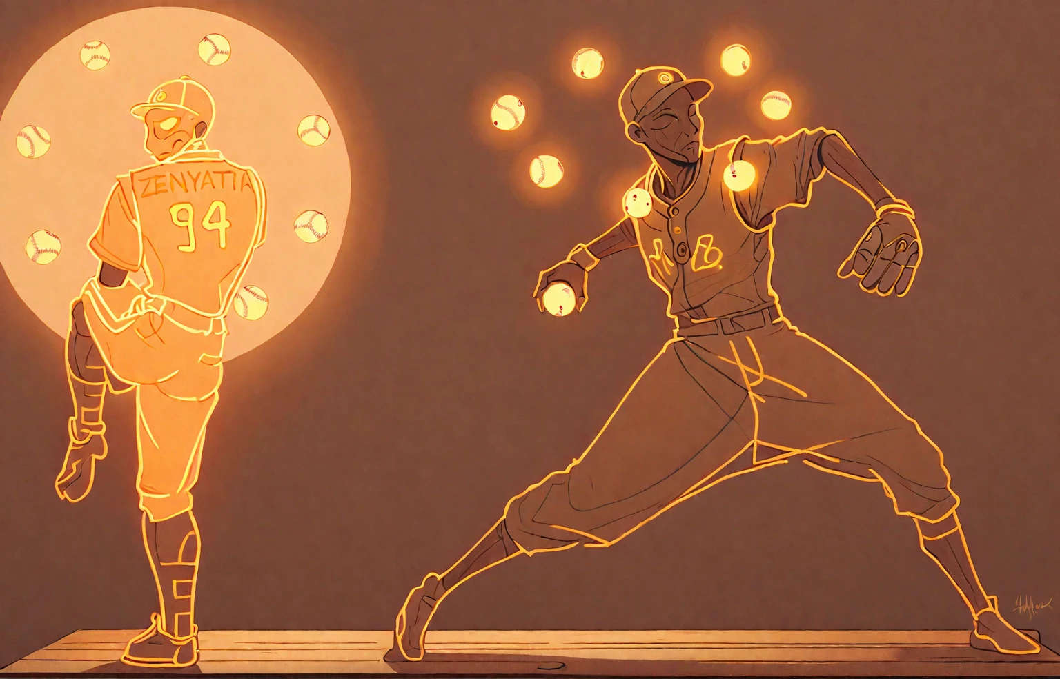 zenyatta, omnic monk, baseball pitcher, line drawing, minimal, sketch, wood palette color tones, warm wooden coloring, rich wooden color grading, natural sunlight, dim candlelight, low level neon glow hum, 