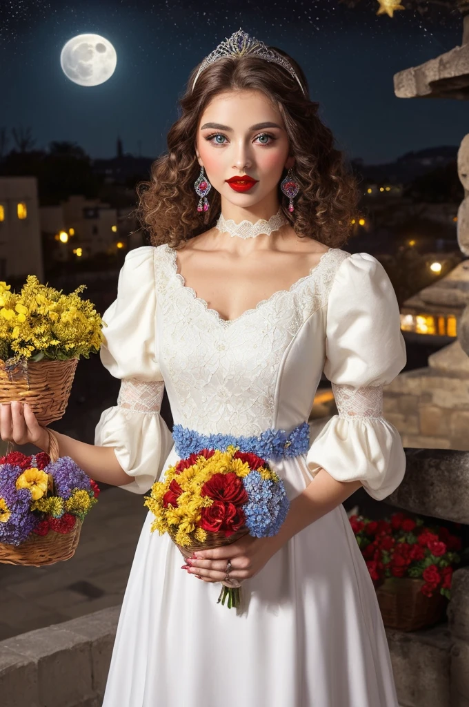  ( yellow dress with puff sleeves square neckline with lace details) (flower tiara for light brown curly hair) (big lips red lipstick piercing blue eyes) (holds basket of colorful flowers) (in the night background with many stars and full moon) (Middle Ages City Background) (She is wearing a dress with gypsy decorations and ruffled lace..)