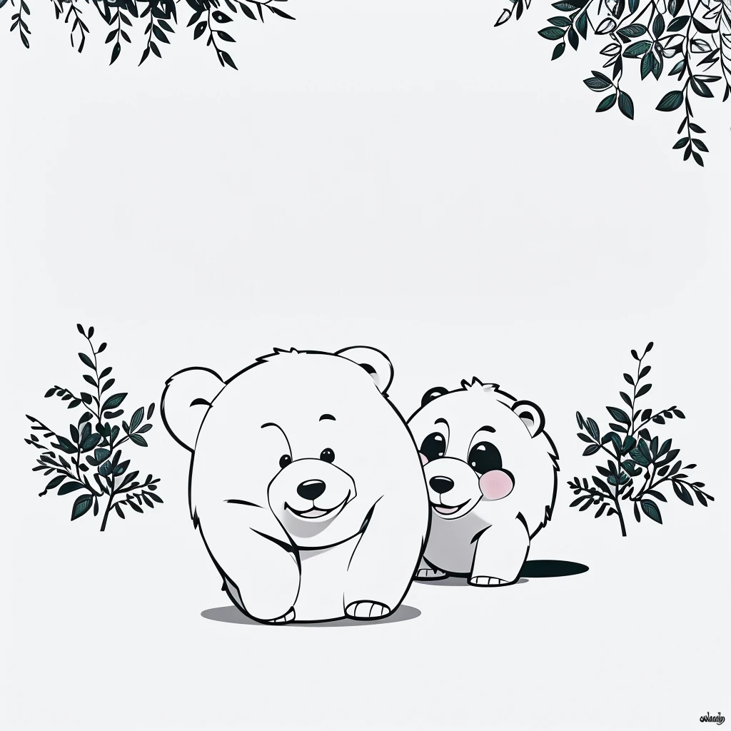 Cute and adorable  Bear and its Cub, coloring page for kids, happy, smiling, surrounded by plants, vector art, minimalistic, vector 2d, black lines white background, coloring page for beginners, vector illustration, pencil strokes, no color, drawing for coloring, white background, pixar style, black and white